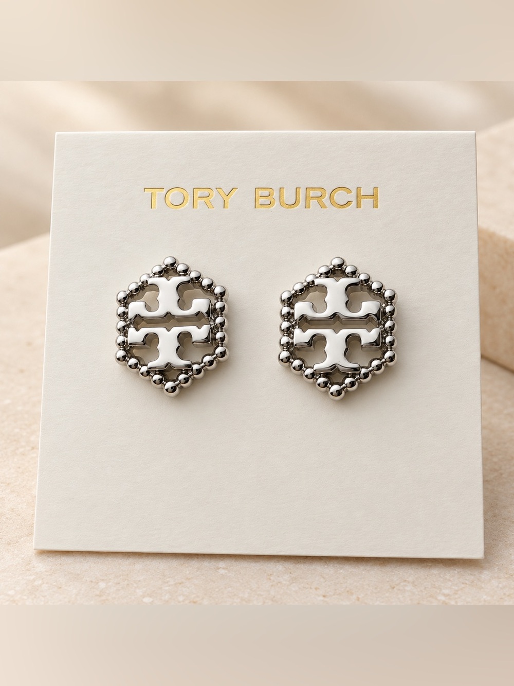 Tory Burch Silver Tone Hexagon Logo Stud Earrings